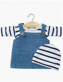 Minikane - Ensemble robe salopette Nelly en jean et marinière en jersey à rayures bleu marine avec bonnet